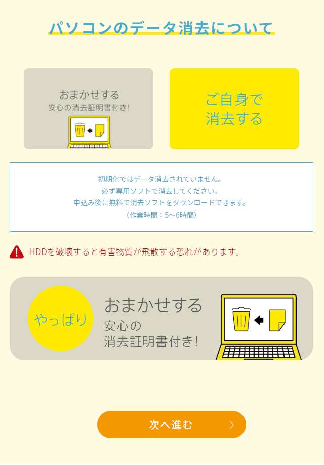 パソコンのデータ消去について　今回はHDDを抜き取っているので　ご自身で消去する　にを選びました